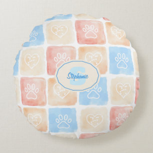 Watercolor Paw Prints & Hearts in Boxes Round Cushion