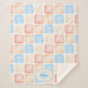 Watercolor Paw Prints & Hearts in Boxes Sherpa Blanket