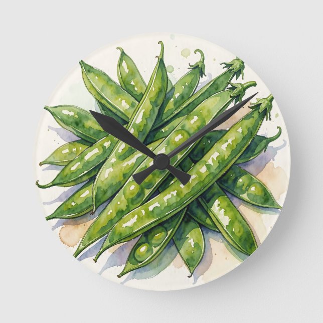 Watercolor Pea Pods Round Clock (Front)