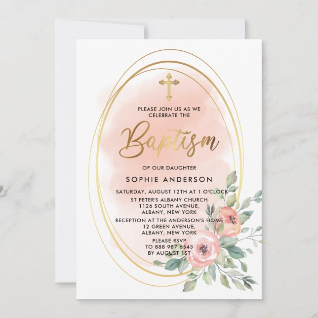 Watercolor Peach and Gold Girl Baptism Invitation (Front)