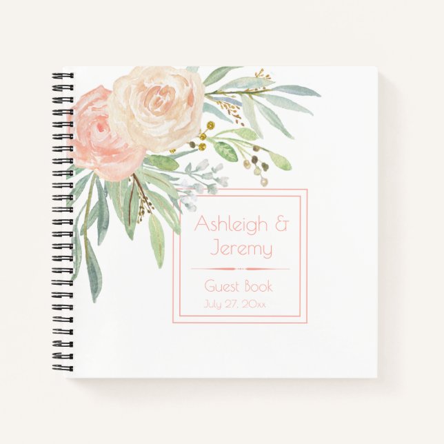 Watercolor Peach and Green Floral Guest Book | (Front)