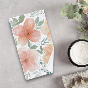 Watercolor Peach and Green Floral Hand Towel