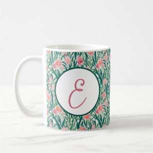 Watercolor peach and green floral pattern monogram coffee mug