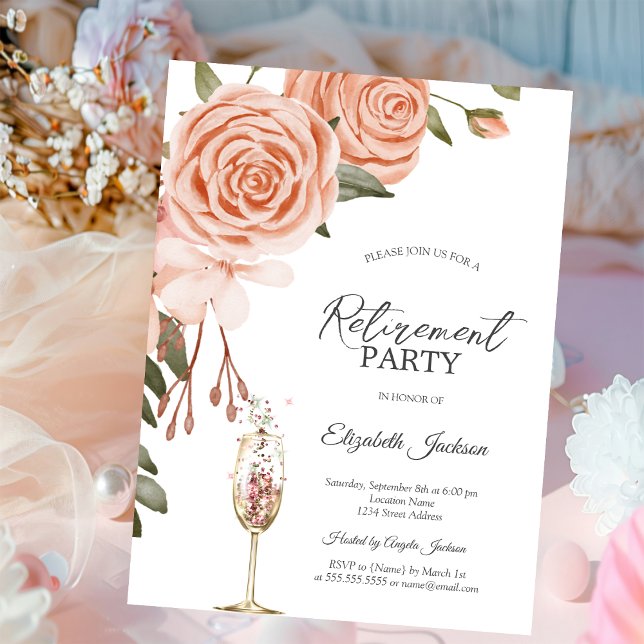 Watercolor Peach Blush Flower Champagne Retirement Invitation (Creator Uploaded)