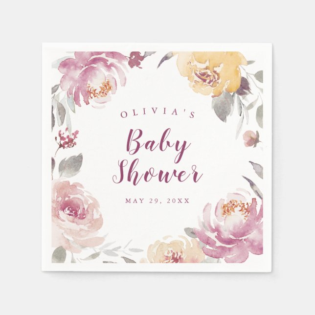watercolor peach floral baby shower napkin (Front)