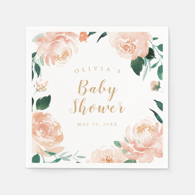 watercolor peach floral baby shower napkin (Front)