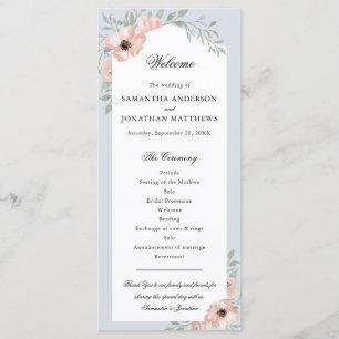 Watercolor Peach Floral Dusty Blue Wedding Program