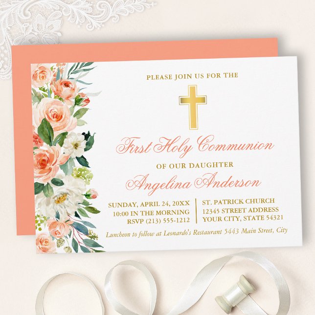 Watercolor Peach Floral Gold First Communion Invitation (Customize to change text color, size, style or to change color of back of card.)