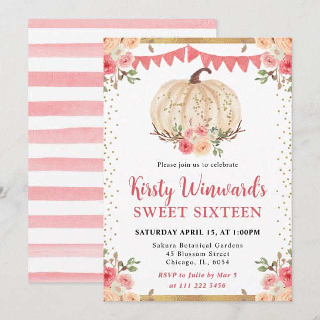 Watercolor Peach Floral Pumpkin Fall Sweet 16 Invitation (Front/Back)