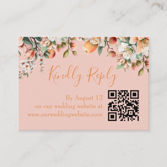 Watercolor Peach Floral QR Code RSVP Enclosure Card (Front)