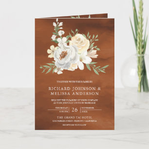 Watercolor Peach Floral QR Code Terracotta Wedding Invitation