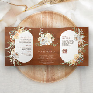 Watercolor Peach Floral QR Code Terracotta Wedding Tri-Fold Invitation