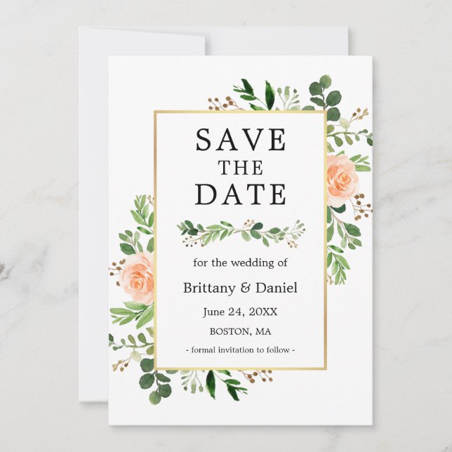 Watercolor Peach Floral Save The Date Card (Front)