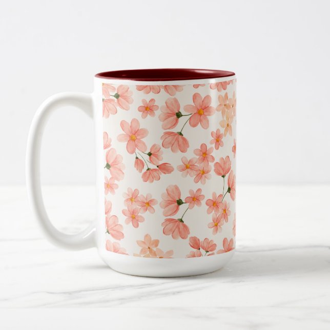 Watercolor Peach Floral Two-Tone Coffee Mug (Left)