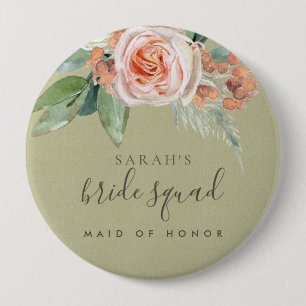 WATERCOLOR PEACH FLOWER BRIDE SQUAD MAID OF HONOR 10 CM ROUND BADGE
