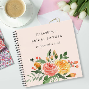 Watercolor Peach Flowers Bridal Shower Guestbook Notebook
