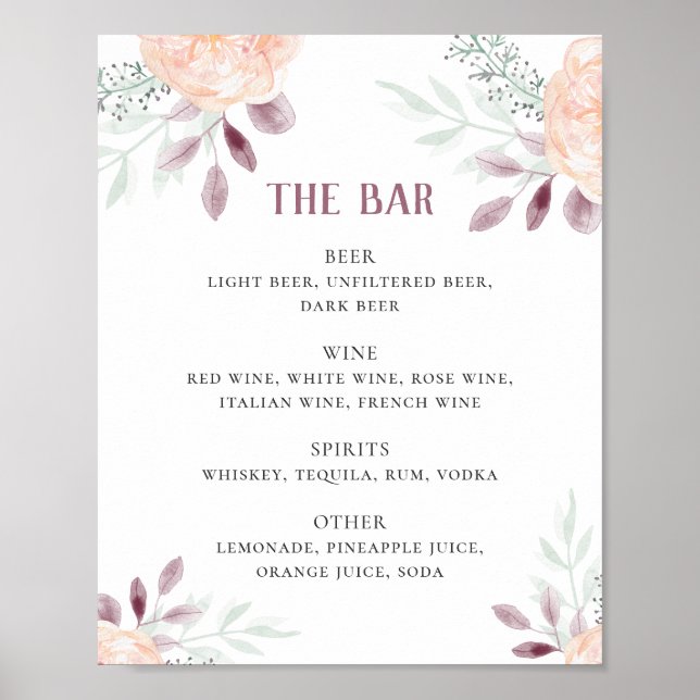 Watercolor peach flowers. Wedding bar drinks Poster (Front)