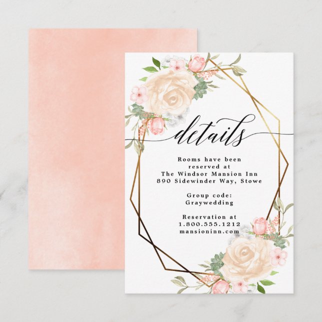 Watercolor peach geometric frame wedding details invitation (Front/Back)
