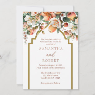 Watercolor Peach Gold Floral Wedding Invitation