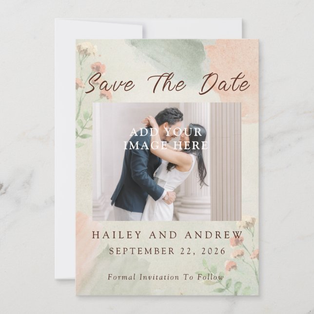 Watercolor Peach & Green Minimal Wedding Photo Save The Date (Front)