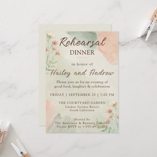 Watercolor Peach & Green Rehearsal Dinner  Invitation (Front/Back In Situ)