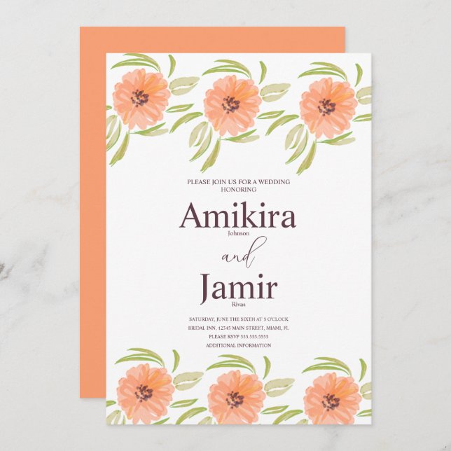 Watercolor Peach Hand Painted Florals Wedding Invitation (Front/Back)