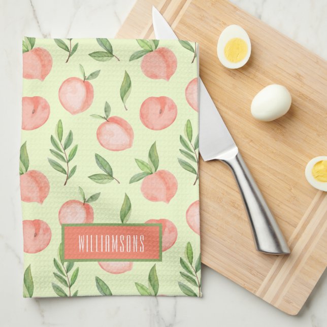 Watercolor Peach Pattern Personalised Green Tea Towel (Quarter Fold)