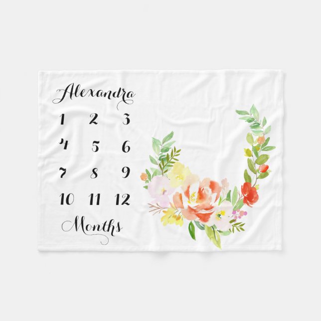 Watercolor Peach Peonies Wreath Baby Milestone Fleece Blanket (Front (Horizontal))