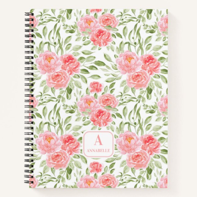 Watercolor Peach Peony Pattern Monogram Notebook (Front)