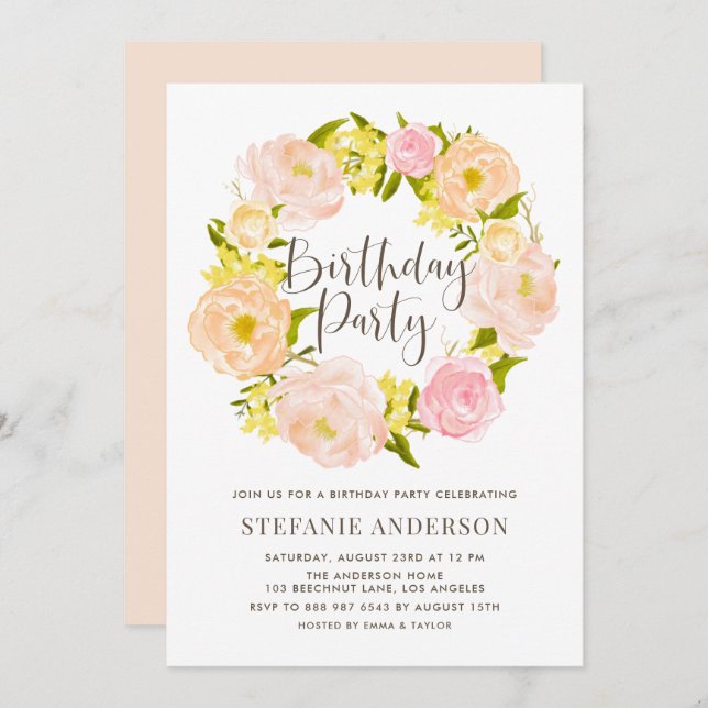 Watercolor Peach Peony Wreath Birthday Party Invitation (Front/Back)
