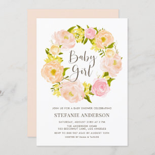 Watercolor Peach Peony Wreath Girl Baby Shower Invitation