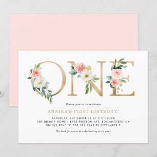 Watercolor Peach Pink Flowers Gold First Birthday Invitation