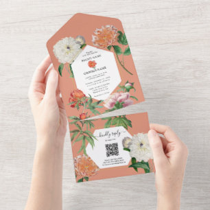 Watercolor Peach Pink Peonies Flowers Wedding All In One Invitation