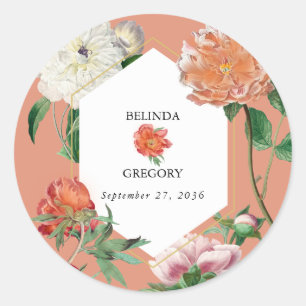 Watercolor Peach Pink Peonies Flowers Wedding Classic Round Sticker