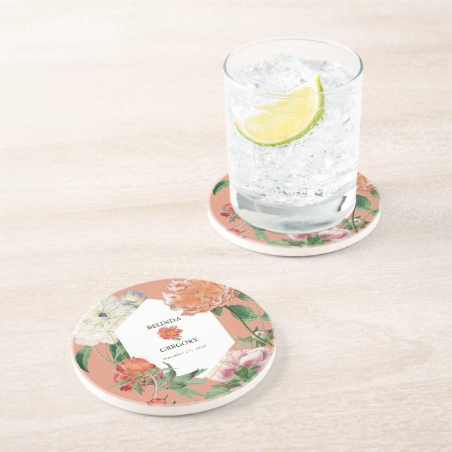 Watercolor Peach Pink Peonies Flowers Wedding Coaster (Side)