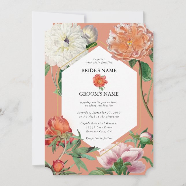 Watercolor Peach Pink Peonies Flowers Wedding Invitation (Front)