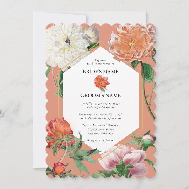 Watercolor Peach Pink Peonies Flowers Wedding Invitation (Front)
