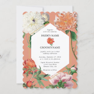 Watercolor Peach Pink Peonies Flowers Wedding Invitation