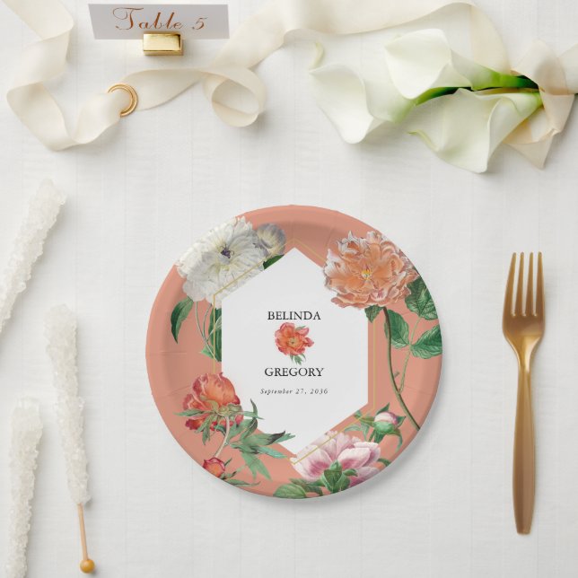 Watercolor Peach Pink Peonies Flowers Wedding Paper Plate (Wedding)