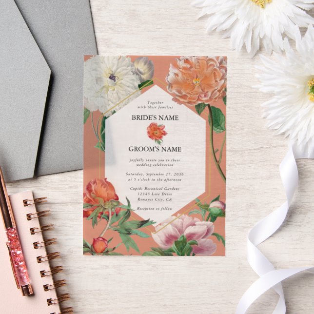 Watercolor Peach Pink Peonies Flowers Wedding Vellum Invitations (Wedding)