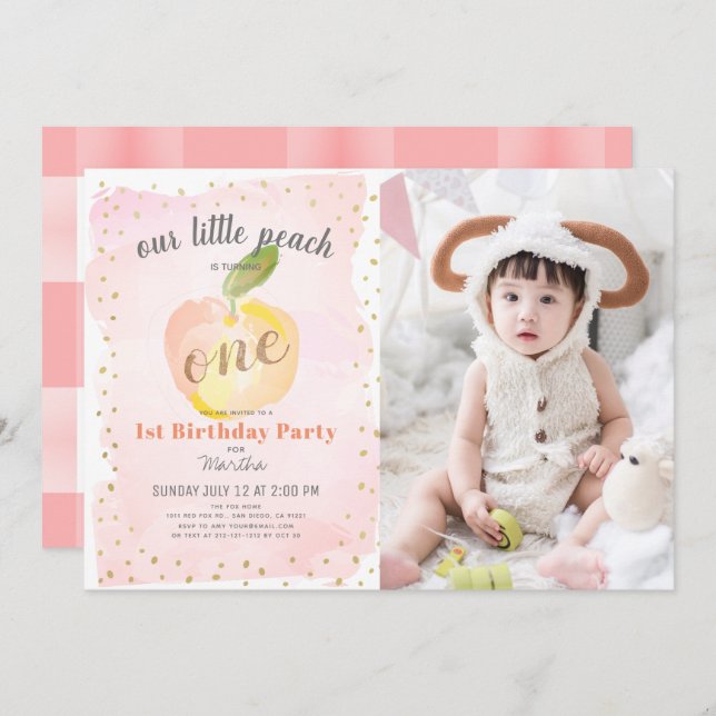 Watercolor Peach Pink Photo Girl 1st Birthday Invitation (Front/Back)