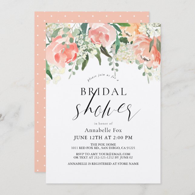 Watercolor Peach Rose Floral Bridal Shower Invitation (Front/Back)