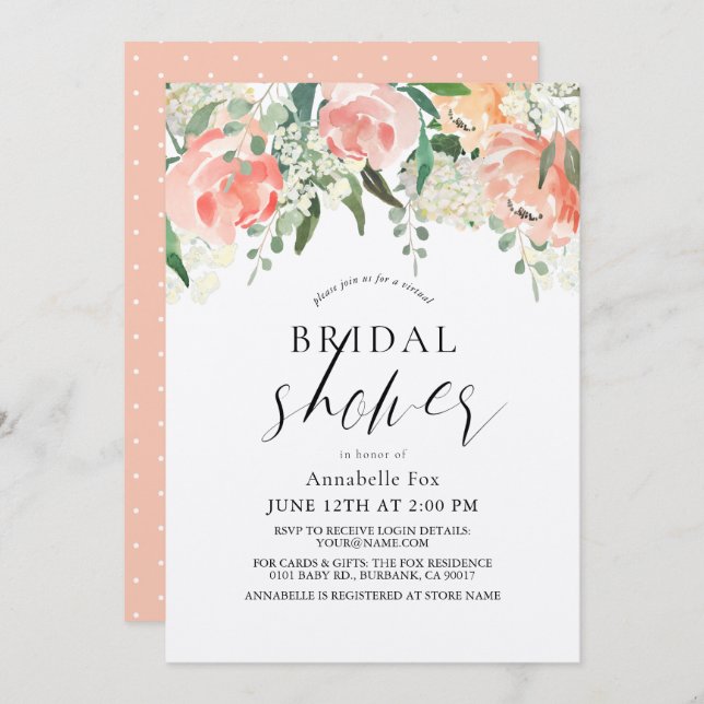 Watercolor Peach Rose Virtual Floral Bridal Shower Invitation (Front/Back)