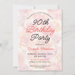Watercolor Peach Roses Background 90th Birthday Invitation