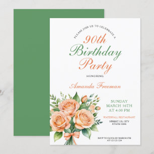 Watercolor Peach Roses Bouquet 90th Birthday Invitation