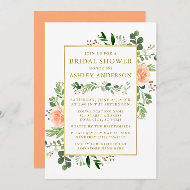 Watercolor Peach Roses Bridal Shower Greenery Gold Invitation (Front/Back)