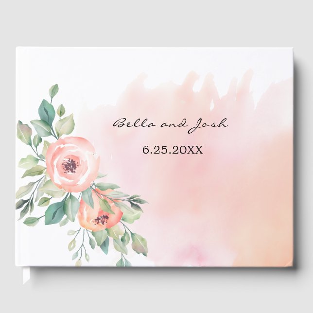 Watercolor Peach Roses Floral Wedding Guest Book (Front)