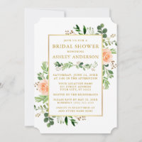 Watercolor Peach Roses Greenery Gold Bridal Shower