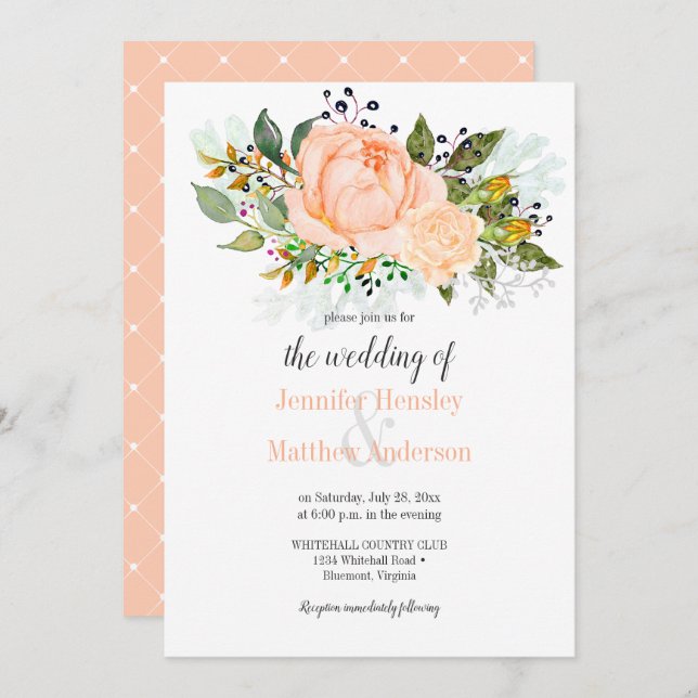 Watercolor Peach Roses Yellow Rose Buds Invitation (Front/Back)