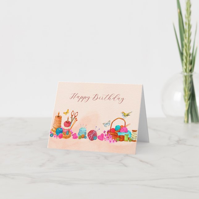 Watercolor peach sewing tools art birthday card (Front)